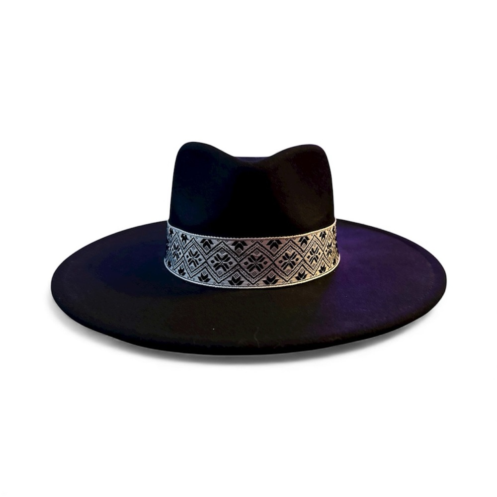 Black Wide-Brim Rancher Hat with Patterned Band